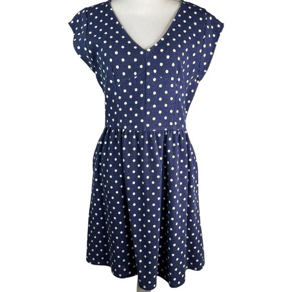 Maison Jules French Terry V-Neck Fit and Flare Dress Polka Dot Navy Blue White L - Picture 1 of 8